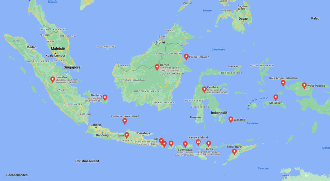 Kaart met de eilanden Indonesië die we in dit artikel bespreken.