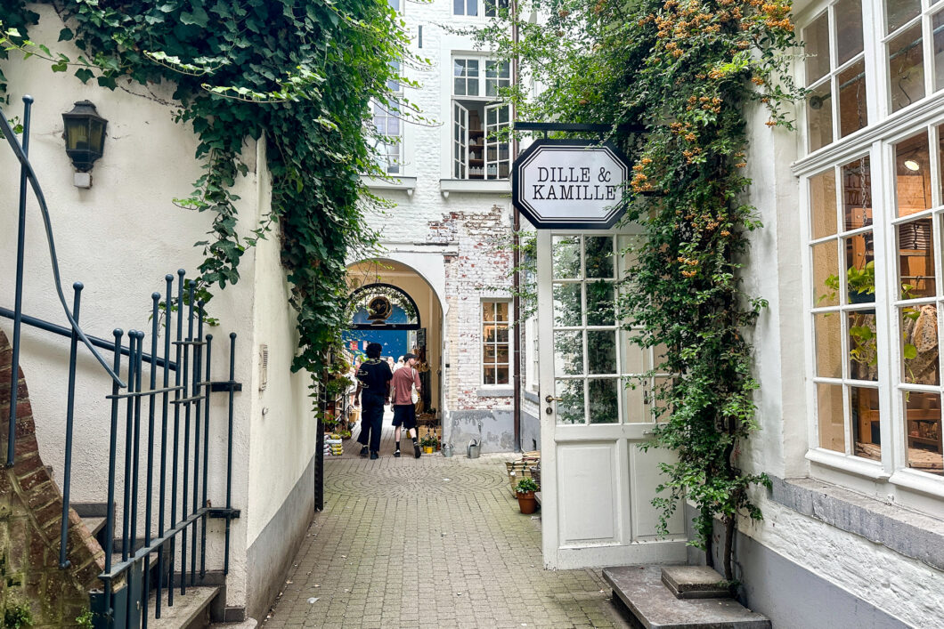 De begroeide Kadetjessteeg in Hasselt met het uithangbord van Dille en Kamille